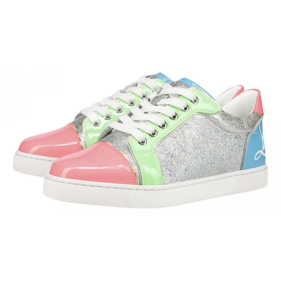 Christian Louboutin Fun Vieira Flat Patent Pink Silver Blue Low Top Sneaker 38.5 - Picture 1 of 12